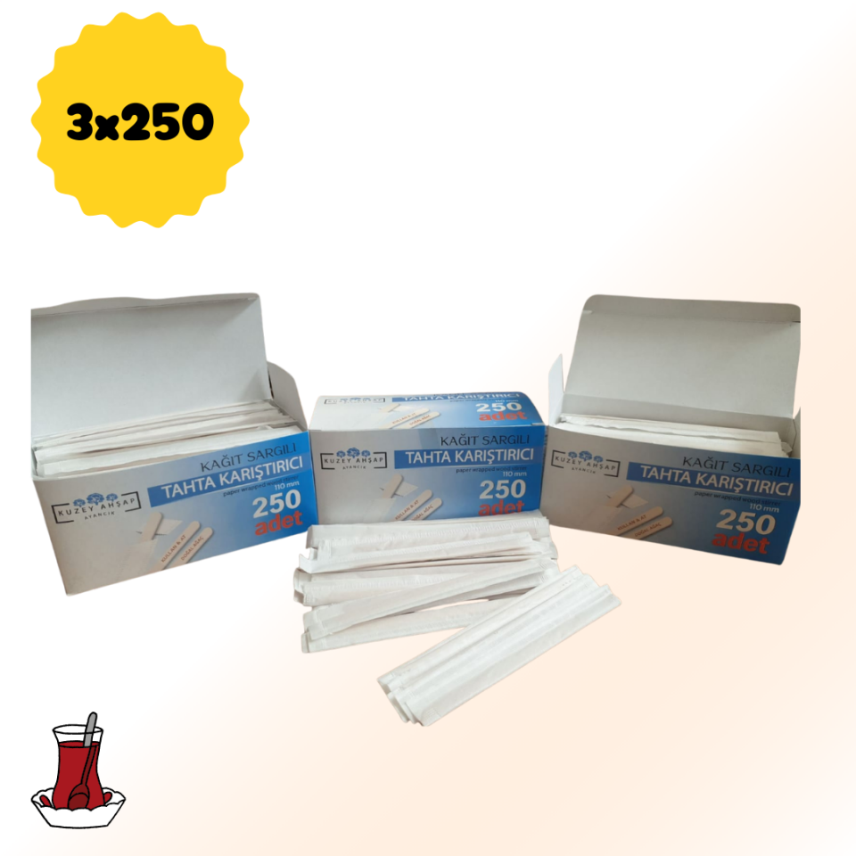 Kağıt Sargılı Tahta Karıştırıcı - Çay/Kahve - 250'li - 3 Kutu